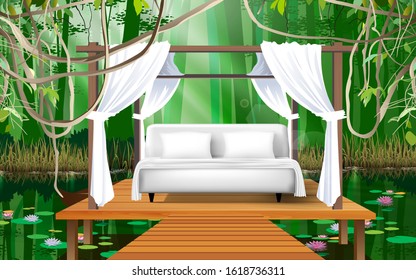 white bed on the wooden board on the river in the jungle