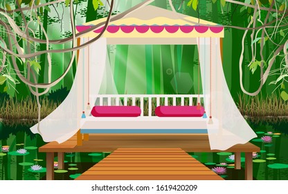 white bed on the wooden board on the river in the jungle