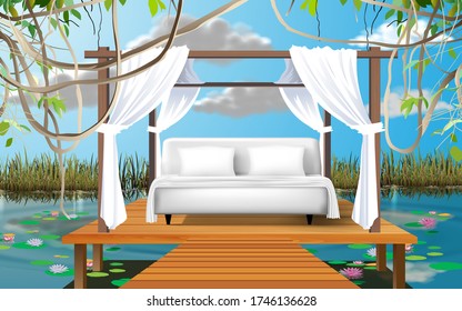 white bed on the wooden board on the river in the day time