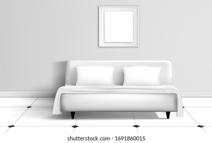 white bed and picture frame in a bedroom