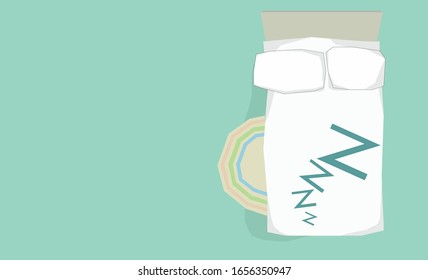 White bed and two pillows, green background