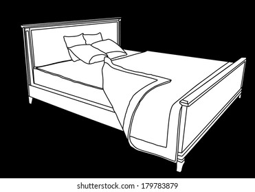 White bed vector icon with bedspread isolated on black background. Black hotel, hostel bed illustration.