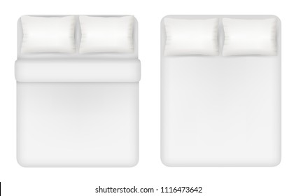 White bedding set. Two beds with pillows, linen vector top view realistic illustration.