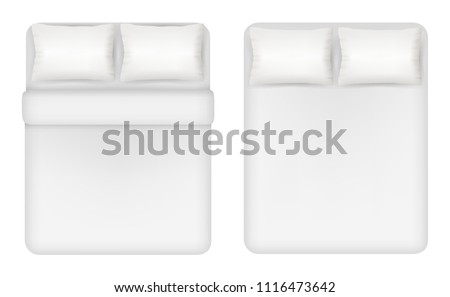 White bedding set. Two beds with pillows, linen vector top view realistic illustration.