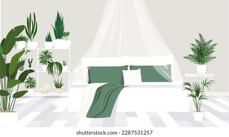 White bedroom interior with king size canopy bed and plants, urban jungle 