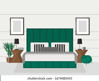White bedroom in a modern style, large bed with a headboard, bedside table, lamp. Hotel room suite. Furniture store advertisement. Interior design with green accents. Housewarming card