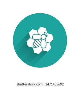 White Bee and honeycomb icon isolated with long shadow. Honey cells. Honeybee or apis with wings symbol. Flying insect. Sweet natural food. Green circle button. Vector Illustration