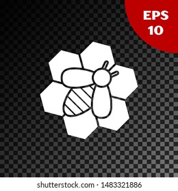 White Bee and honeycomb icon isolated on transparent dark background. Honey cells. Honeybee or apis with wings symbol. Flying insect. Sweet natural food.  Vector Illustration