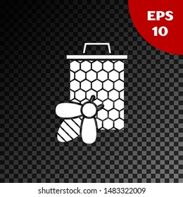 White Bee and honeycomb icon isolated on transparent dark background. Honey cells. Sweet natural food. Honeybee or apis with wings symbol. Flying insect.  Vector Illustration