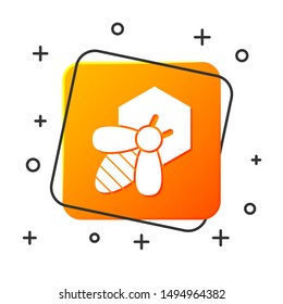 White Bee and honeycomb icon isolated on white background. Honey cells. Honeybee or apis with wings symbol. Flying insect. Sweet natural food. Orange square button. Vector Illustration