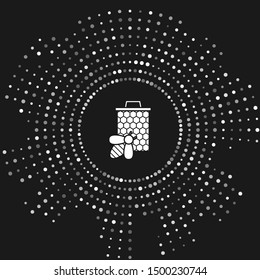White Bee and honeycomb icon isolated on grey background. Honey cells. Sweet natural food. Honeybee or apis with wings symbol. Flying insect. Abstract circle random dots. Vector Illustration