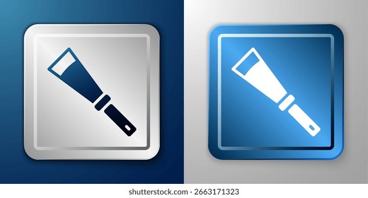 White Beekeeping uncapping knife icon isolated on blue and grey background. Tool of the beekeeper. Silver and blue square button. Vector