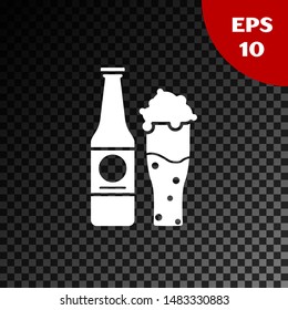 White Beer bottle and glass icon isolated on transparent dark background. Alcohol Drink symbol.  Vector Illustration
