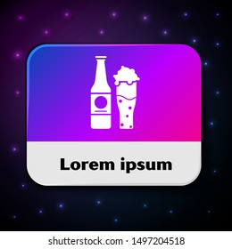 White Beer bottle and glass icon isolated on black background. Alcohol Drink symbol. Rectangle color button. Vector Illustration White Beer bottle and glass icon isolated on black background. Alcohol Drink symbol. Rectangle color button. Vector Illustration