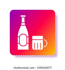 White Beer bottle and glass icon isolated on white background. Alcohol Drink symbol. Square color button. Vector Illustration