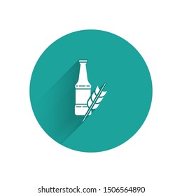 White Beer bottle icon isolated with long shadow. Green circle button. Vector Illustration