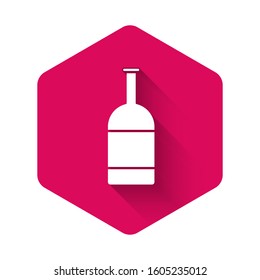 White Beer bottle icon isolated with long shadow. Pink hexagon button. Vector Illustration