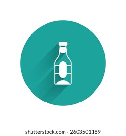 White Beer bottle icon isolated with long shadow. Green circle button. Vector