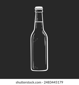 White beer bottle on black background with glassware and alcohol