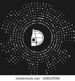 White Beer bottle and wooden barrel icon isolated on grey background. Abstract circle random dots. Vector Illustration