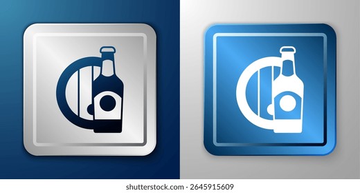 White Beer bottle and wooden barrel icon isolated on blue and grey background. Silver and blue square button. Vector