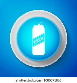 White Beer can icon isolated on blue background. Circle blue button with white line. Vector Illustration