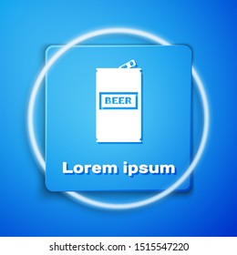 White Beer can icon isolated on blue background. Blue square button. Vector Illustration