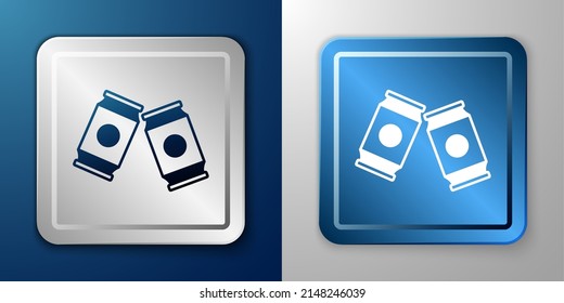 White Beer can icon isolated on blue and grey background. Silver and blue square button. Vector