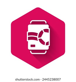 White Beer can icon isolated with long shadow background. Pink hexagon button. Vector