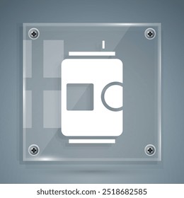 White Beer can icon isolated on grey background. Square glass panels. Vector Illustration