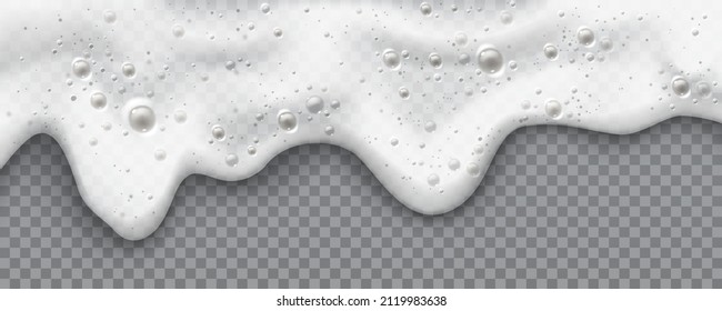 White beer foam liquid from alcoholic beverages and drinks. Vector froth from lager or ale, texture with bubbles and splashes, isolated on transparent background. Banner or ads poster illustration