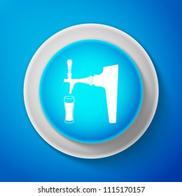 White Beer tap with glass icon isolated on blue background. Circle blue button with white line. Vector Illustration