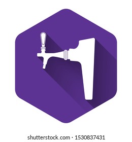 White Beer tap icon isolated with long shadow. Purple hexagon button. Vector Illustration