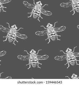 White bees seamless pattern on black background