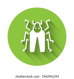 White Beetle bug icon isolated with long shadow. Green circle button. Vector