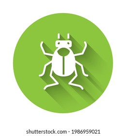 White Beetle bug icon isolated with long shadow. Green circle button. Vector