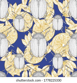 White beetles sit on fruits. Gold slices of lemons with leaves on a blue background. Seamless vector pattern.