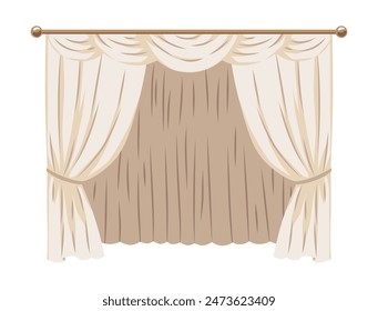 Composición de cortinas blancas y beige y cortinas en la cornisa, decoración interior. Casa o teatro escenario de telas de cortinas, elemento de diseño lacado cerrado. Vector ilustración plana aislada