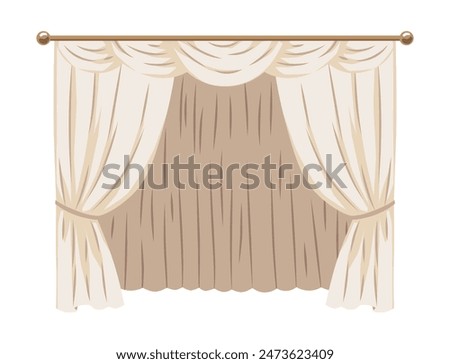 White and beige curtains composition and draperies on the cornice, interior decoration. House or theatre stage drapery textile, close labrecque design element. Vector flat illustration isolated