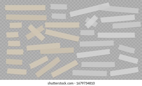 White and beige different size adhesive, sticky, masking, tape, paper pieces are on dark grey squared background