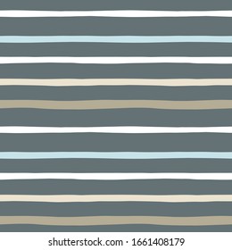 White and beige hand drawn stripes on a greyish blue background. Basic seamless pattern for textile print. Imperfect lines repeat design for a boo end or masculine wrapping paper.