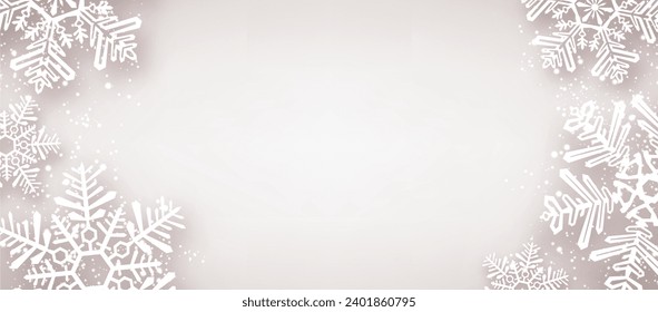 White and beige snow banner with beautiful snowflakes. Merry Christmas and Happy New Year greeting card. Vector illustration