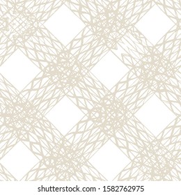 White and Beige Vector seamless check pattern. Allover pattern. Ink grunge grid. Hand drawn seamless check pattern. Graphic background with ethnic tartan. Seamless check pattern background.
