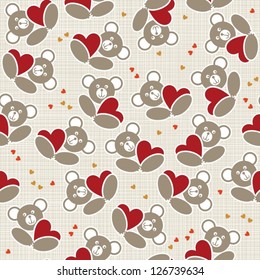 white beige yellow orange red animal childish seamless pattern with little teddy bears holding hearts scrapbook background