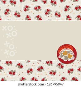 white beige yellow orange red animal childish seamless pattern with little hedgehogs holding hearts and torn paper and glossy button with a hedgehog on right scrapbook background