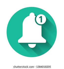 White Bell icon isolated with long shadow. New Notification icon. New message icon. Green circle button. Vector Illustration