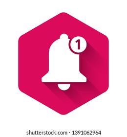 White Bell icon isolated with long shadow. New Notification icon. New message icon. Pink hexagon button. Vector Illustration