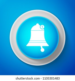 White Bell icon isolated on blue background. New Notification icon. New message icon. Circle blue button with white line. Vector Illustration