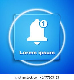 White Bell icon isolated on blue background. New Notification icon. New message icon. Blue square button. Vector Illustration