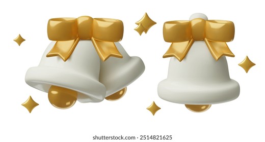 White bells with a gold bows and sparkles 3d realistic vector Christmas elements set. Cute festive jingle bells three dimensional icons.